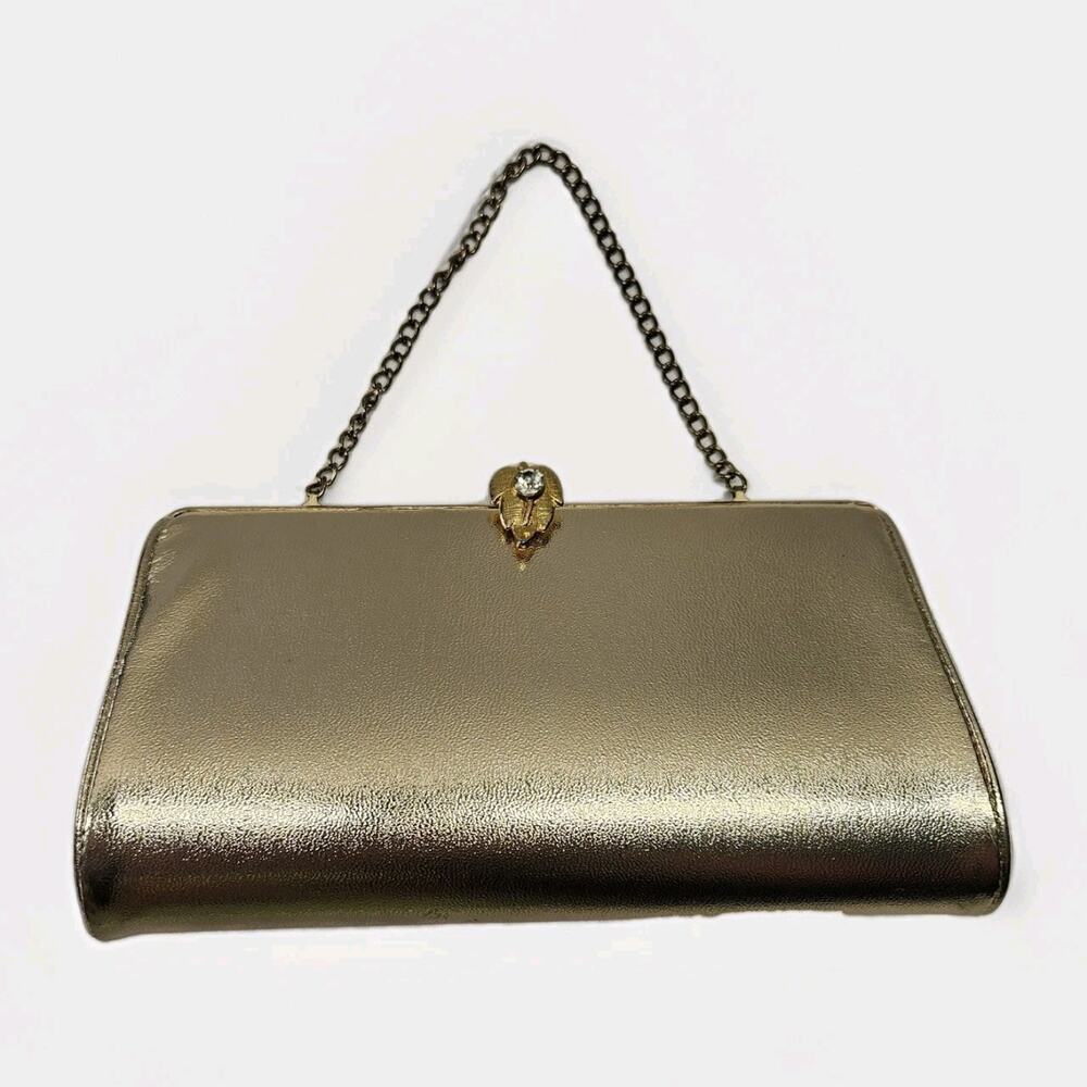 Vintage 60s Metallic Gold Evening Party Clutch Handbag Purse Chain Handle Glam